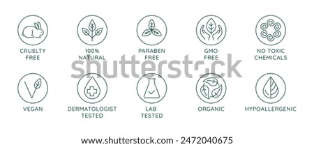 Vector set of design elements, logo design template, icons and badges for natural and organic cosmetics in trendy linear style - cruelty free, not tested on animals, paraben free, gluten free, organic