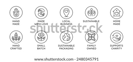 Vector set of logo design templates in simple linear style - handmade and local business, sustainable and environment friendly