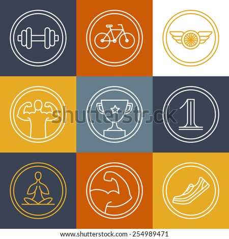 Vector crossfit and fitness logos and emblems - linear icons and design elements for sport industry and gyms
