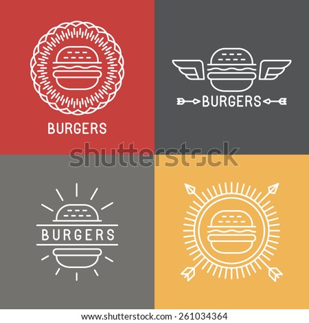 Vector burger logo design elements in linear style - emblems and badges for fast food