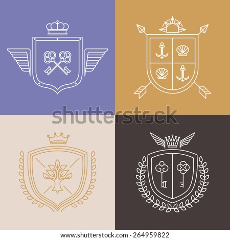 Vector linear heraldry symbols and design elements - coat of arms in mono line style