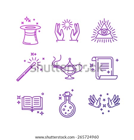 Vector magic related linear icons and signs - tricks and magician's objects