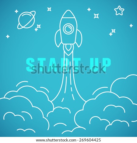Vector start up concept in linear style - space ship launching