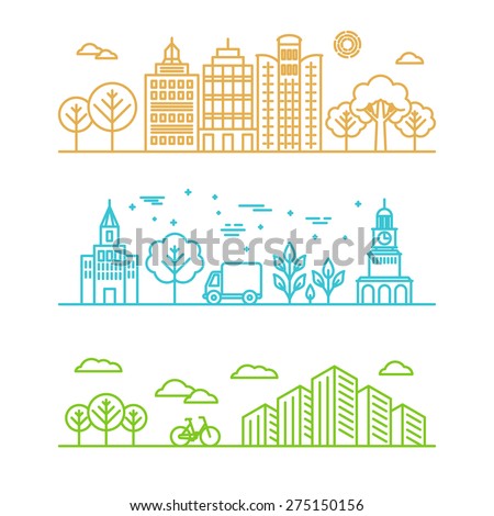 Vector city illustration in linear style - buildings and clouds - graphic design template