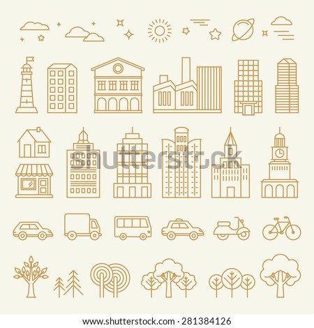 Vector collection of linear icons and illustrations with buildings, houses and architecture signs - design elements for city illustration or map