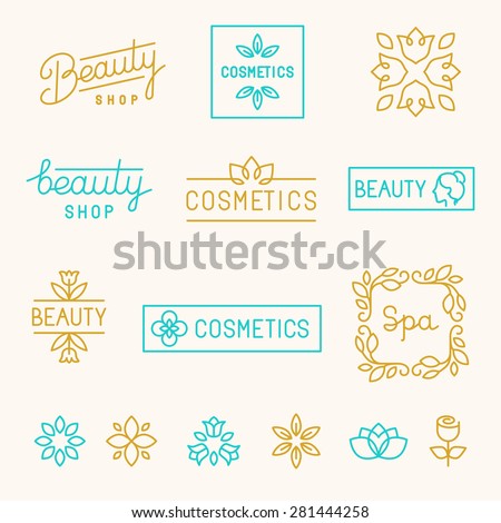 Vector set of linear design elements and logos for beauty shops and cosmetic industry - mono line lettering
