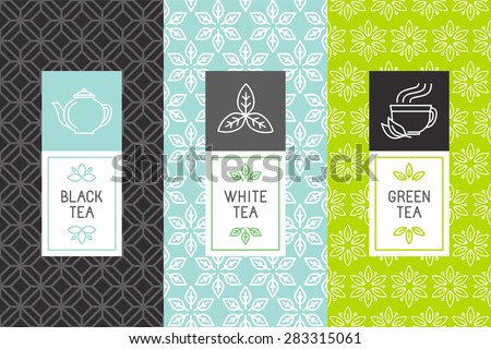 Vector set of design elements and icons in trendy linear style for tea package - white,black and green tea