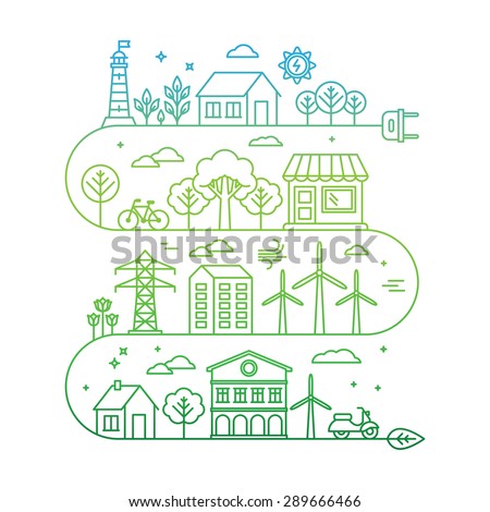 Vector concept and infographic design elements in linear style - city illustration with alternative energy generators - nature conservation and protection with modern innovation and technologies