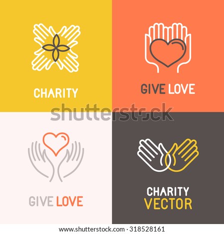 Vector charity and volunteer concepts and logo design elements in trendy linear style - emblems and signs for nonprofit and philanthropic organizations and centers