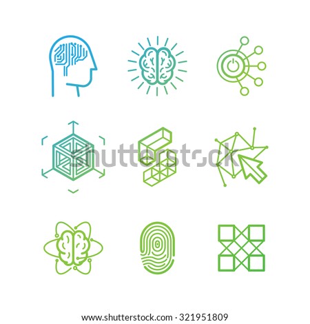 Vector logo design templates and icons in trendy linear style - virtual reality, brainstorming, three-dimensional projection, new media art - abstract technology concepts