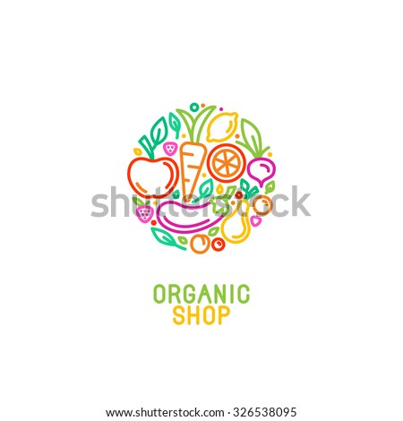 Vector logo design template with fruit and vegetable icons in trendy linear style - abstract emblem for organic shop, healthy food store or vegetarian cafe