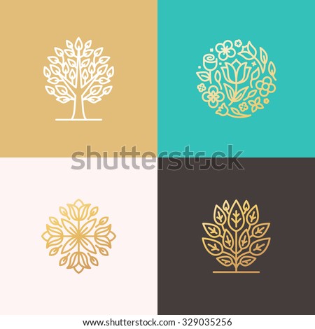 Set of vector simple and elegant logo design templates in trendy linear style- floral shops or studios, wedding florists, creators of custom floral arrangements, gardening businesses 