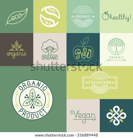 Vector set of natural, organic, vegan badges and logo design templates in trendy linear and flat style – collection of design elements, icons and emblems for fresh and healthy products