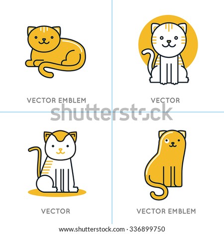 Vector set of icons and illustrations in trendy linear style - smiling and friendly cats - logo design templates for pet shops, stores or shelters