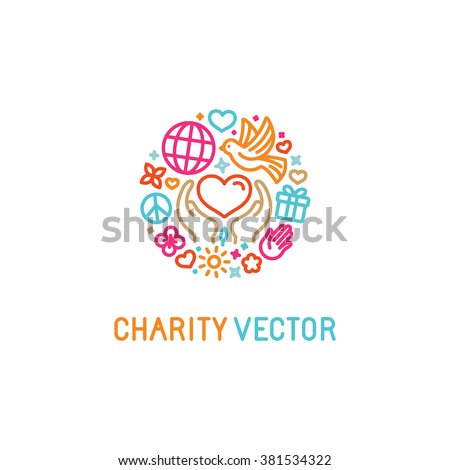 Vector logo design template with icons in trendy linear style - charity concepts and volunteer organization emblem - love and care