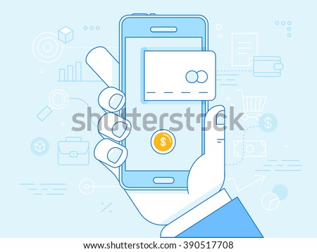 Vector flat linear illustration in blue colors - online mobile payment concept - hand holding mobile phone with credit card icon on the touchscreen