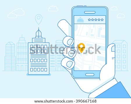 Vector flat linear illustration in blue colors - hotel booking app on the screen of the mobile phone - gps searching point on the city map and city landscape in the background