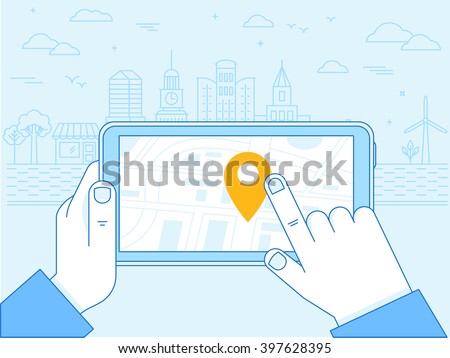 Vector flat linear illustration in blue colors - screen of the mobile phone - gps searching point on the city map and city landscape in the background