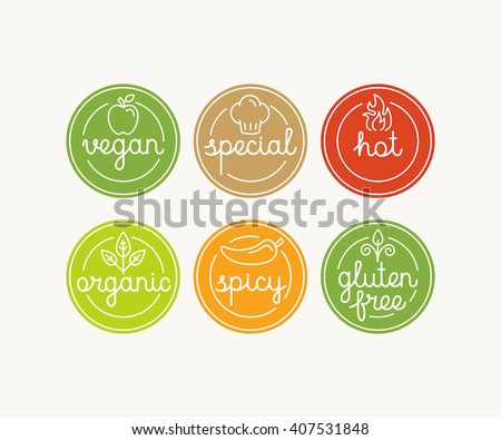 Vector set of food menu badges and labels with hand-lettering and icons in trendy linear style - marks for different products and dishes - vegan, special, hot, spicy, organic and gluten free
