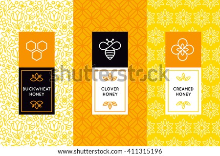 Vector logo and packaging design templates in trendy linear style - natural and farm honey packaging - labels and tags with floral seamless patterns