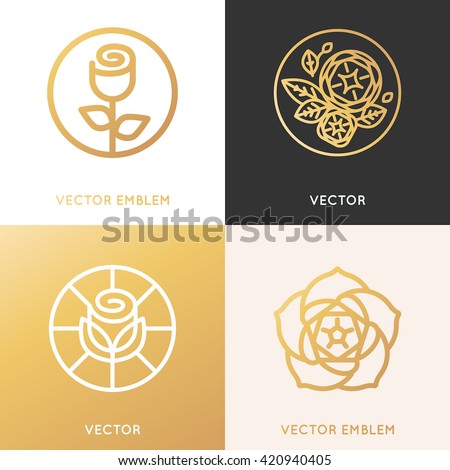 Vector logo design template and monogram concepts in trendy linear style and golden colors - rose flowers with leaves - cosmetics and beauty signs