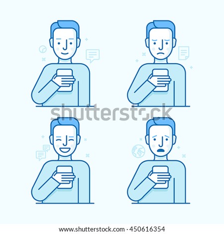 Vector set of illustrations of the male character in trendy flat linear style - guy holding mobile phone with different expressions of face - smartphone addict - receiving notifications and messages