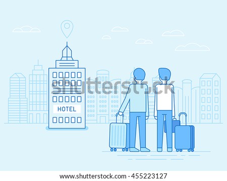Vector illustration in trendy flat linear style - people arriving at the hotel building with bags and luggage - travel concept and icon