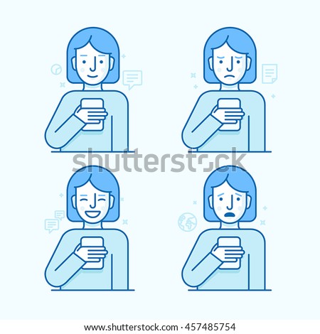 Vector set of illustrations of female character in trendy flat linear style - girl holding mobile phone with different expressions of face - smartphone addict - receiving notifications, messages