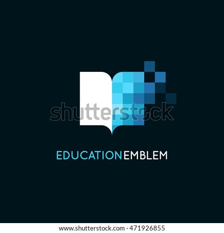 Vector abstract logo design template – online education and learning concept – book icon and pixels – emblem for courses, classes and schools
