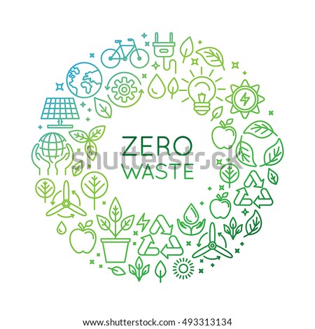 Vector logo design template and badge in trendy linear style - zero waste concept, recycle and reuse, reduce - ecological lifestyle and sustainable developments icons