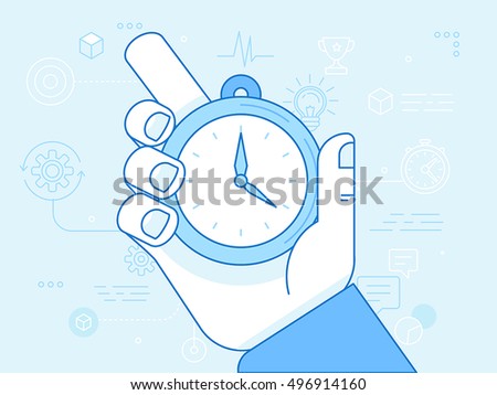 Time management - vector modern illustration in flat linear style with male hand holding stopwatch