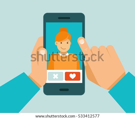 Vector illustration in trendy flat style – online dating app concept – mobile phone with application on the screen – man and woman searching for love and relationship