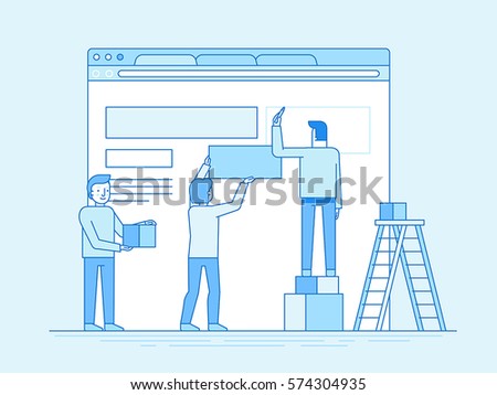 Vector illustration in trendy flat and linear style - web design and user interface development concept - small people building website with blocks in the browser - and infographics design template
