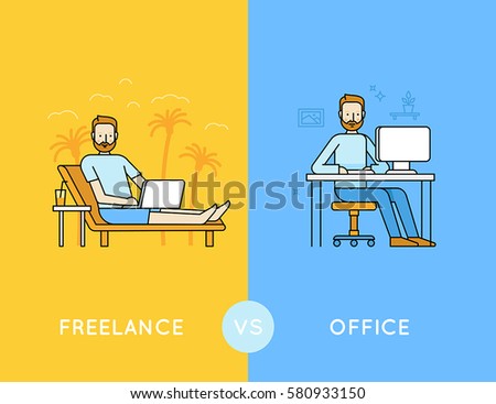 Vector illustration in trendy flat and linear style - freelance vs office - infographics design template - comparison of different style of work - outsourced employee and office worker