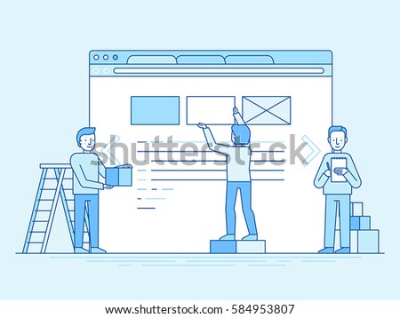 Vector illustration in trendy flat and linear style - web design and user interface development concept - small people building website with blocks in the browser - banner and infographics design 