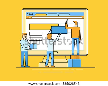 Vector illustration in trendy flat and linear style - web design and user interface development concept - small people building website with blocks in the browser - banner and infographics design 
