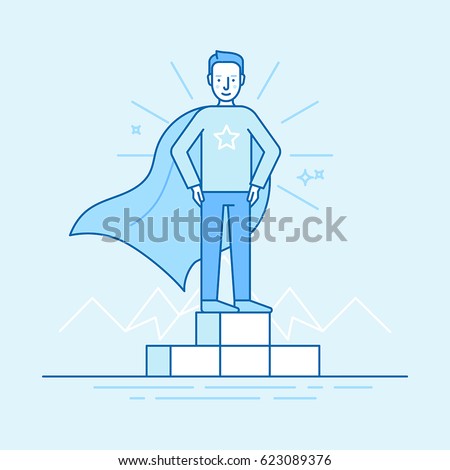 Vector illustration in trendy flat linear style in blue colour - business competition winner - man standing on the podium on the first place - super hero 