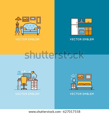 Vector set of logo design templates and illustrations in trendy minimal linear style - interior design concept - furniture and home decoration items and icons for workspace, bedroom, living room 