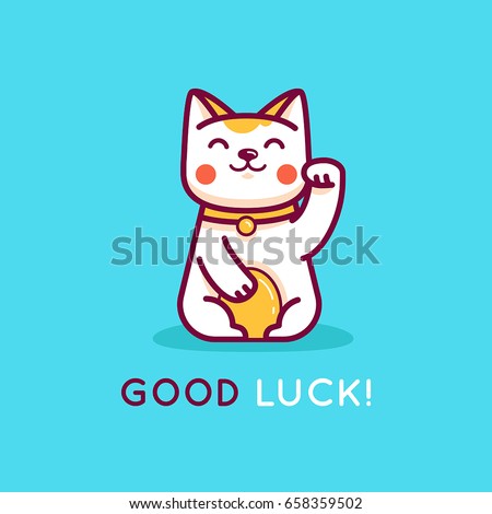 Vector flat linear illustration and logo design template - maneki neko cat wishing good luck with raised paw - smiling character and mascot bringing fortune and wealth