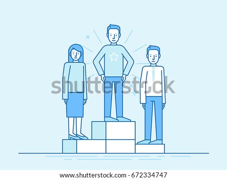 Vector illustration in trendy flat linear style in blue colour - business competition winner - people standing on the podium on the first, second and third place - career achievement