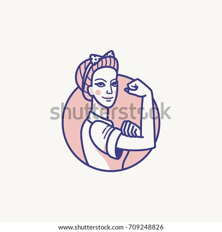 Vector illustration in linear flat style - feminism concept - we can do it - girl showing fist - symbol of female power and woman rights