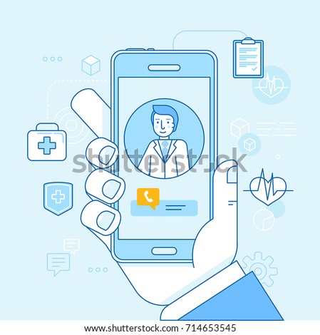 Vector illustration in linear flat style and blue colors - online and tele medicine concept - hand holding mobile phone with app for healthcare - online consultation with doctor