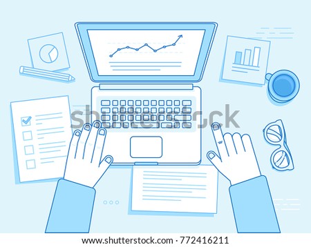 Vector business illustration in trendy linear style and blue colors related to project management, business strategy and financial development - hands with laptop, coffee cup, glasses and documents