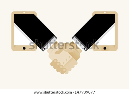 Handshaking businessmen hands from mobile ph Mobile Business Deal concept.