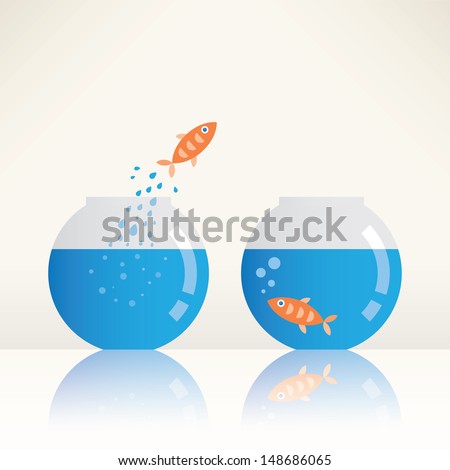 Call to freedom. Fish jumping out of aquarium. Freedom concept.