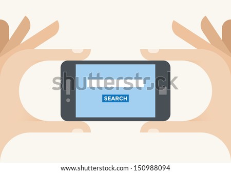 Internet web search page (Google, Bing, Yahoo, Yandex etc.) field and button on the screen in human hands. With copy space for your text in search field.