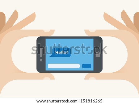 Hello! chat social media (Facebook messenger, Whatsapp, Wechat, QQ) message on mobile smartphone screen in human hands. Concepts: online messaging, Internet dating, web relationships, new friendship