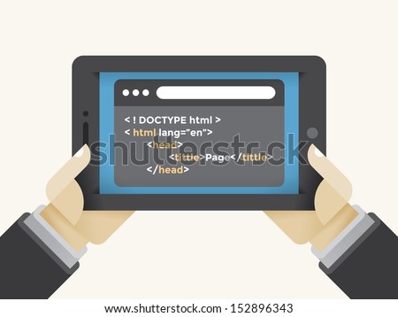 Human hands holding internet tablet with html programming source code screen. Concepts: Freelance, application development, JavaScript, PHP, C++, Python, HTML, Swift, Go, Kotlin, TypeScript languages