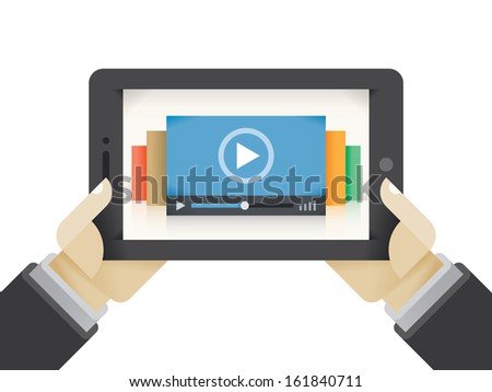 Online video sharing service (Youtube, Instagram, Facebook) collection movies tablet in human hands. Concepts: watching streaming TV, cloud computing movie database, business video education, iTunes