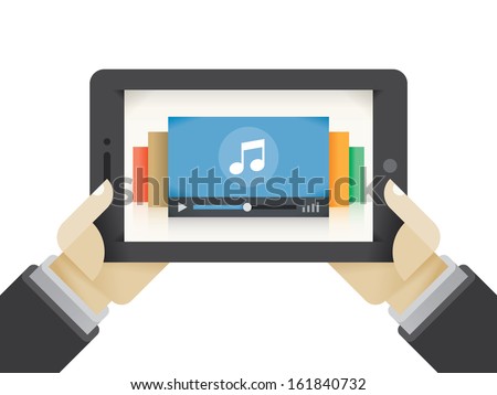 Human hands holding tablet computer with music player on the screen. Idea - Mobile collection of music, Cloud technologies for music collection.